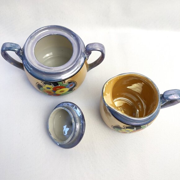 Japanese Vintage Lusterware Sugar & Creamer Set Iridescent Purple Glaze - Picture 3 of 10